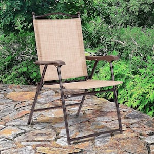 Folding Metal Outdoor Dining Chair in Beige Seat (2-Pack)
