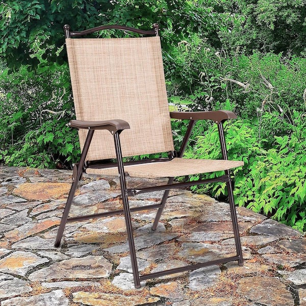 Folding Metal Outdoor Dining Chair in Beige Seat (2-Pack)