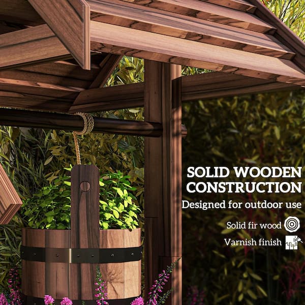 Outsunny - Wishing Well for Outside, Wood Wishing Well Planter with Hanging Bucket, Decorative Planter, Carbonized