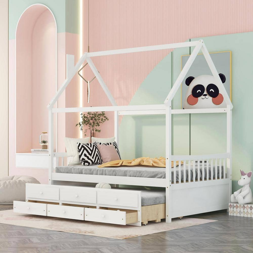 White Full Size Wooden House Bed with Chimney Design, Trundle, and 3-Storage Drawers -  Harper & Bright Designs, QMY110AAK-F