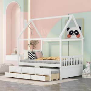 White Full Size Wooden House Bed with Chimney Design, Trundle, and 3-Storage Drawers