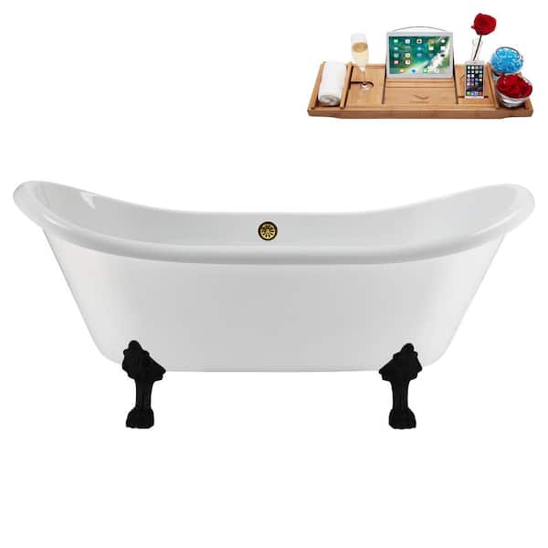 Streamline 71 in. x 31 in. Acrylic Clawfoot Soaking Bathtub in Glossy White with Polished Gold Drain and Matte Black Clawfeet