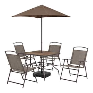 Mix and Match 7-Piece Metal Sling Folding Outdoor Dining Set with Umbrella and Base