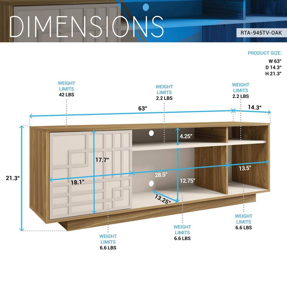 Oak and White Modern TV Stand with Chevron Pattern Cabinet for 70" Screens