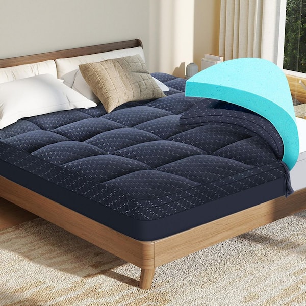 2-in-1 3 in. Gel Memory Foam Mattress Topper with Detachable Pillow Top Mattress Pad Cover, Full Size, Navy Blue