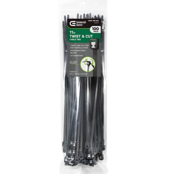 Commercial Electric 11in Twist and Cut UL Listed UV Resistant  Cable Zip Ties 100 Pack UV (Black)
