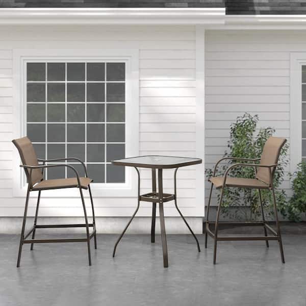 Crestlive Products 26.8 in. Glass-Top Brown Square Aluminum Outdoor Bistro Table with Umbrella Hole