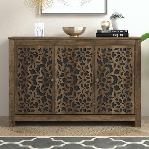 GALANO Culbreath Knotty Oak and Black Wood 44.3 in. 3 Door Sideboard with Adjustable Shelves