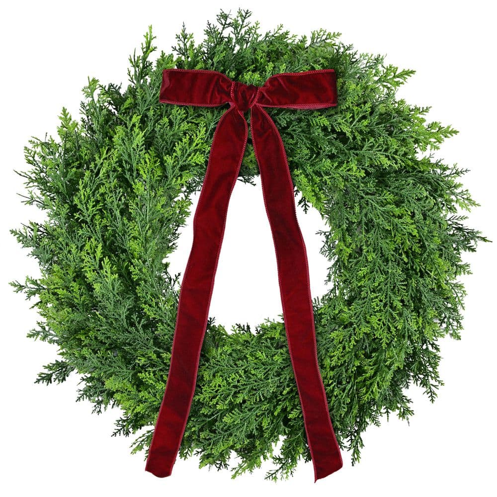 24 in. Unlit Artificial Christmas PE Spruce Wreath with Red Velvet Bow price history on PriceWatchPro