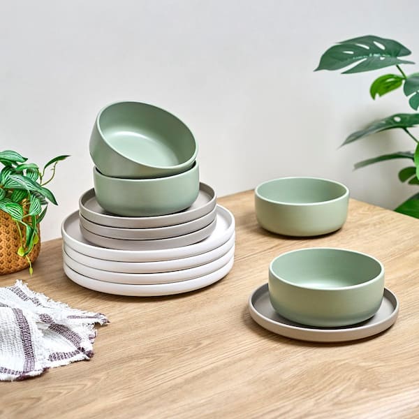 Rollo Alta 12-Piece Modern Stoneware Dinnerware Set-Sage/Sand/White, Includes Dinner and Salad Plates, Cereal Bowls