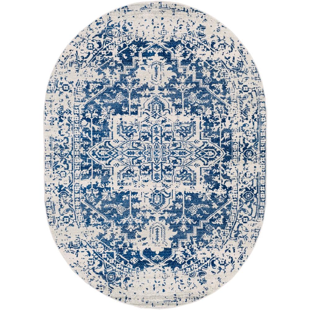 Demeter Blue and Off-White Oval Stain-Resistant Synthetic Rug