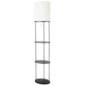 63.25 in. Modern Brushed Nickel Oval Etagere Floor Lamp with White Fabric Shade