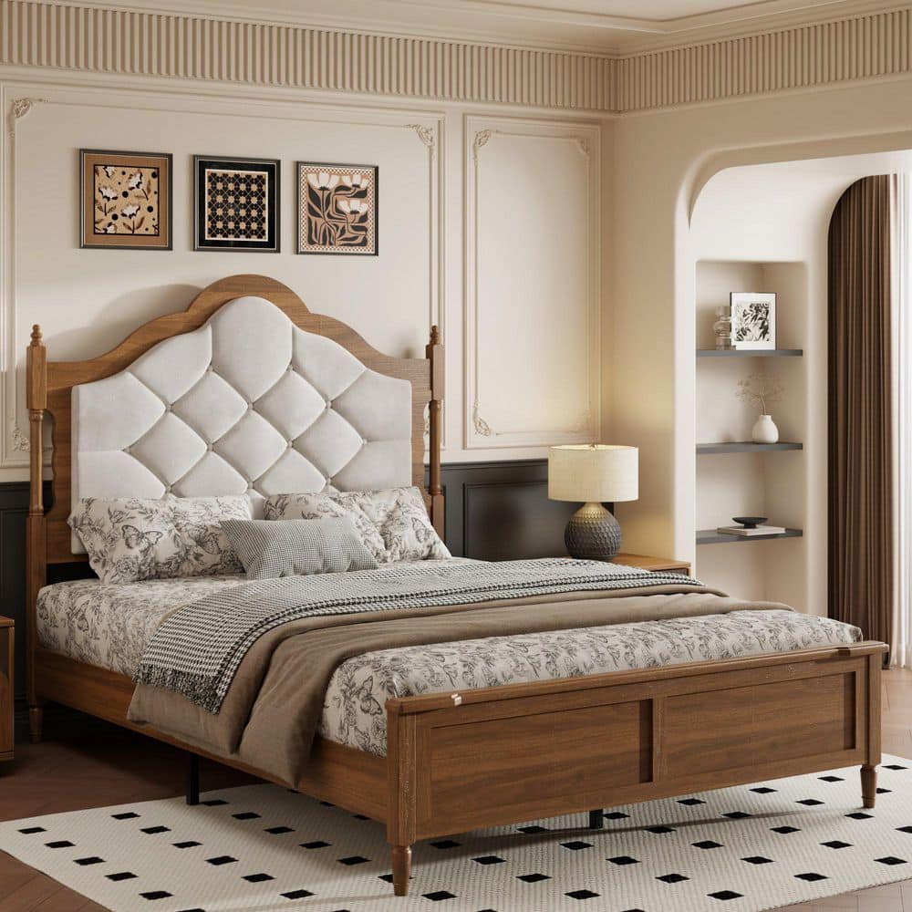 Walnut Brown Metal Frame Queen Platform Bed with Upholstered Headboard, Panel Footboard, Farmhouse Style Bed Frame
