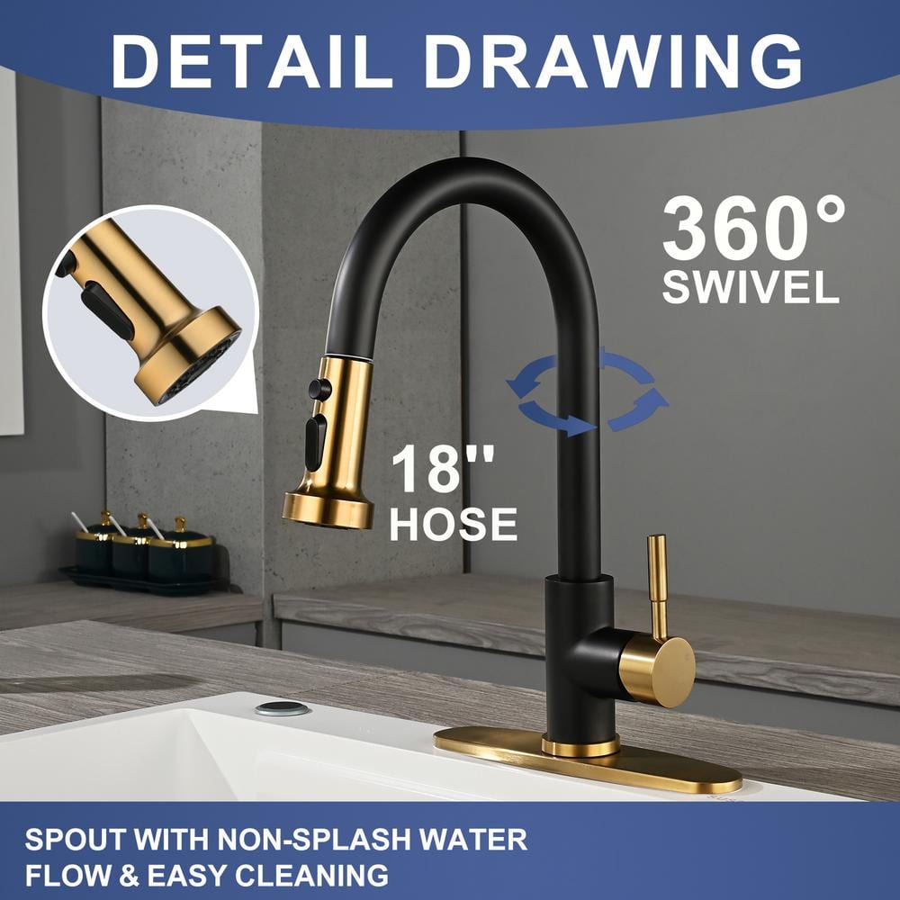 Gold and Black Stainless Steel High-Arc Kitchen Faucet with Pull-Out Spray