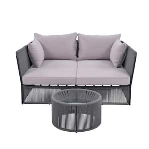 Dark Grey Rope Metal Frame Outdoor Patio Double Chaise Lounger Loveseat Daybed with Coffee Table and Grey Cushion