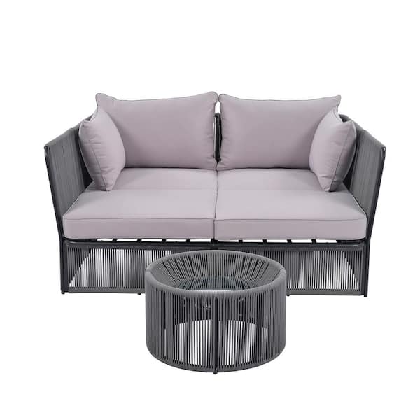 Boosicavelly Dark Grey Rope Metal Frame Outdoor Patio Double Chaise Lounger Loveseat Daybed with Coffee Table and Grey Cushion