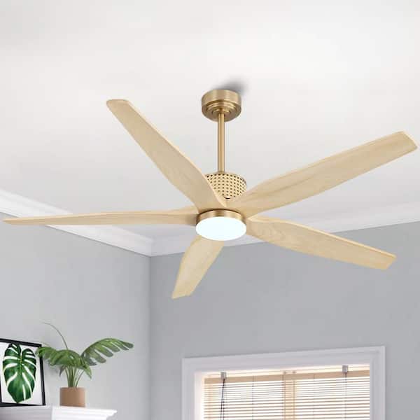 60Inch. 5 Blades Dc Motor Indoor Standard Ceiling Fan With Light Kit And Remote Natural Wood Grain and NAB Gold Downrod