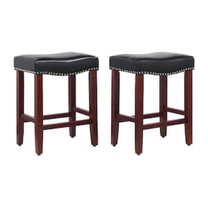 Jameson 24 in. Counter Height Cherry Wood Backless Barstool with Upholstered Navy Blue Linen Saddle Seat (Set of 2)