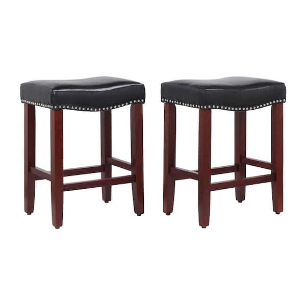 WESTINFURNITURE Jameson 24 in. Counter Height Cherry Wood Backless Barstool with Upholstered Black Faux Leather Saddle Seat (Set of 2)