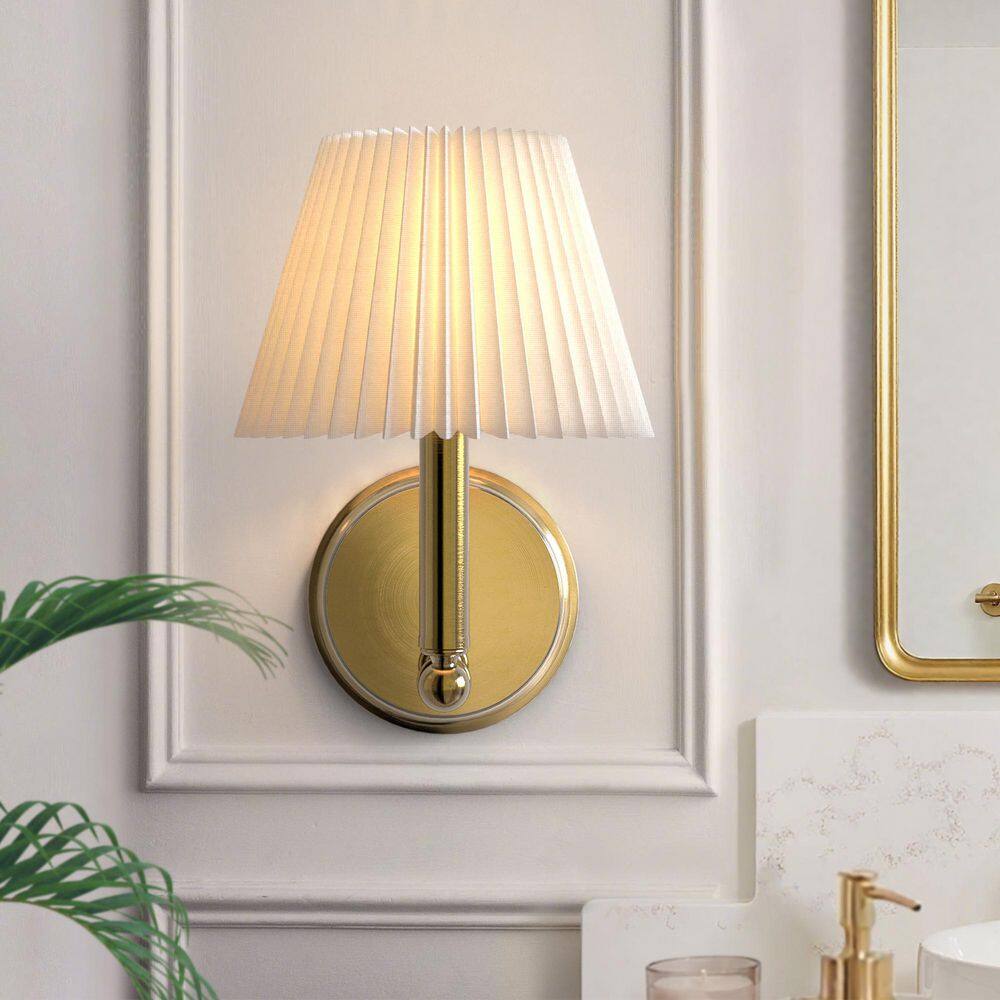 10.87 in. 1-Light Electroplating Brass Modern Indoor Applique Murale Bedroom Wall Sconces with White Linen Shade price history on PriceWatchPro