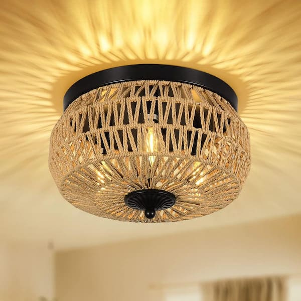 Jushua 3-Lights Brown Woven Rattan Flush Mount Ceiling Light Fixture with Hand-Worked Cage Shade