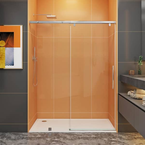 MCOCOD 60 in. W x 76 in. H Single Sliding Frameless Soft Close Shower Door in Brushed Nickel with 3/8 in. (10 mm) Clear Glass