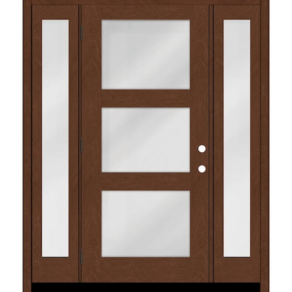 Steves & Sons Regency 64 in. x 80 in. Modern 3-Lite Clear Glass RHOS Chestnut Mahogany Fiberglass Prehung Front Door w/Dbl 12 in. SL