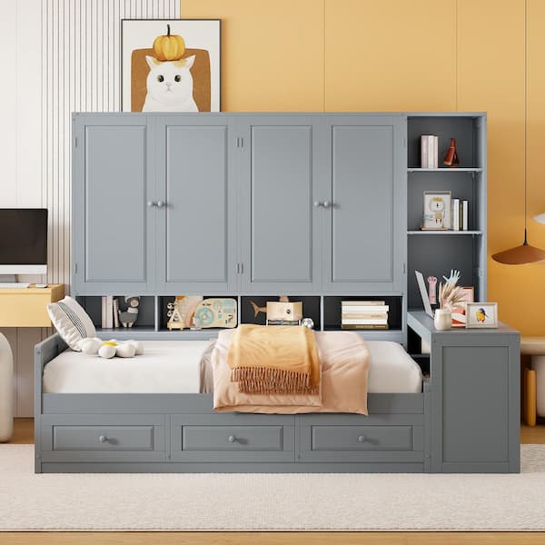 Gray Stylish Modern Wood Full Daybed with Built-In Cabinet, 3 Drawers, Desk-Versatile Design with 2 Assembly Options