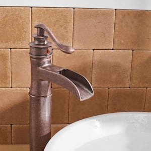 Waterfall Single Hole Single-Handle Vessel Bathroom Faucet With Pop-up Drain Assembly in Copper