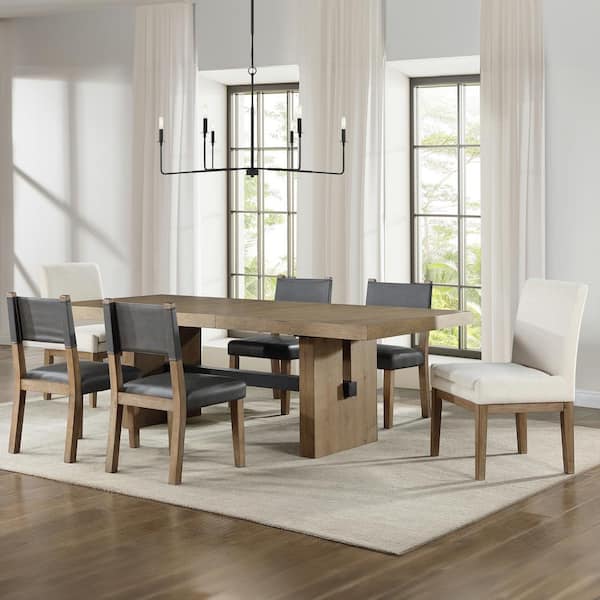 Steve Silver Aubrey 7-Piece Brown Wood Dinning Room Set with 4-Cushioned Side Chairs and 2-Eggshell Upholstered Parsons Chairs