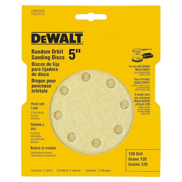 DEWALT 5 in. 8-Hole 120-Grit H and L Random Orbit Sandpaper (5-Pack)