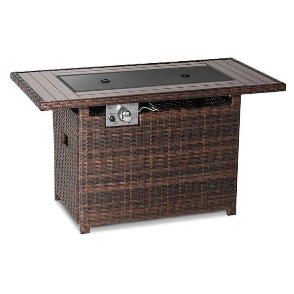 Sizzim 44 in. Gray Wicker Rectangular Propane Gas Fire Pit Table with Lid, Fire Glass Beads, and Waterproof Cover