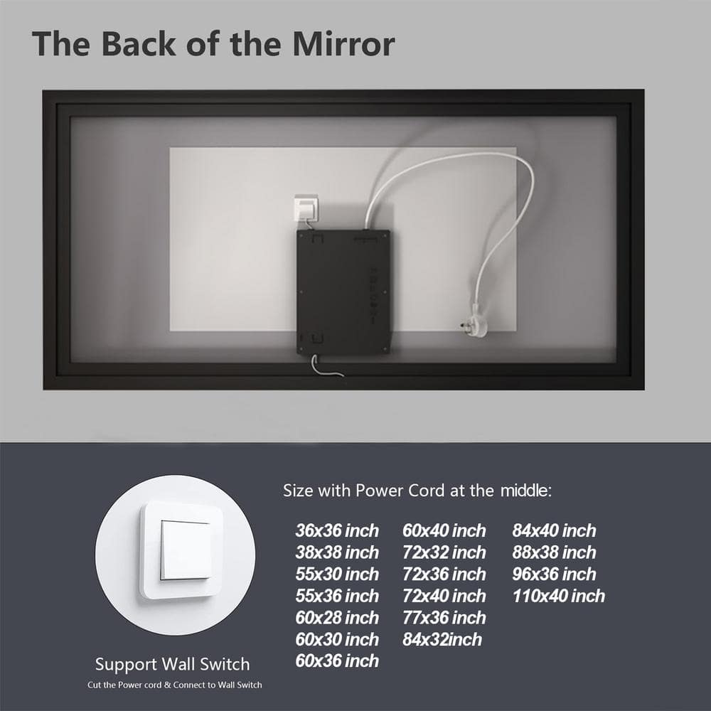 Matte Black LED Lighted Anti-Fog Tempered Glass Vanity Mirror, 60" x 28"