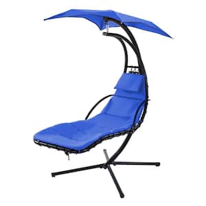 Modern Metal Outdoor Swing Hanging Curved Chaise Lounge with Navy Blue Cushions, Removable Canopy and Stand