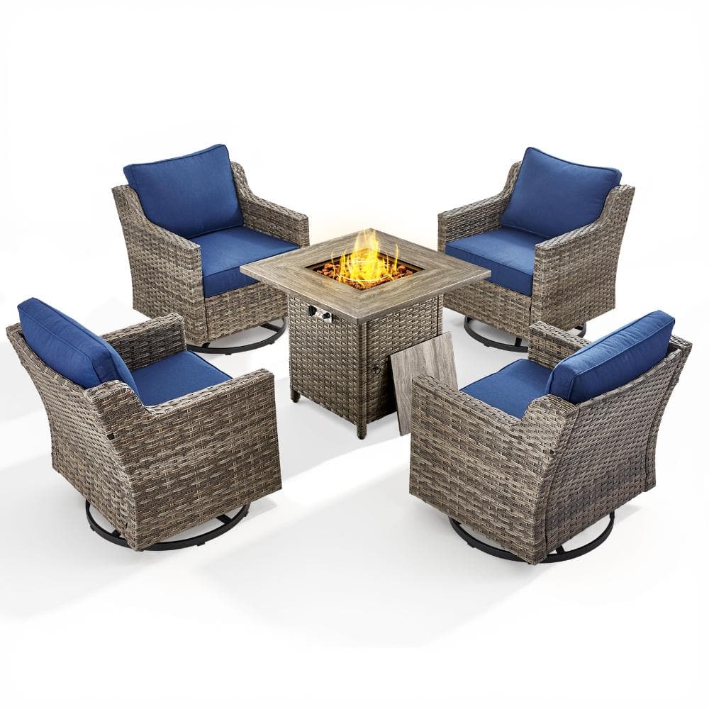 Halara Gray Wicker 4-Person Patio Fire Pit Conversation Set with Blue Cushions, Swivel Rocking Chairs and Fire Pit Table price history on PriceWatchPro