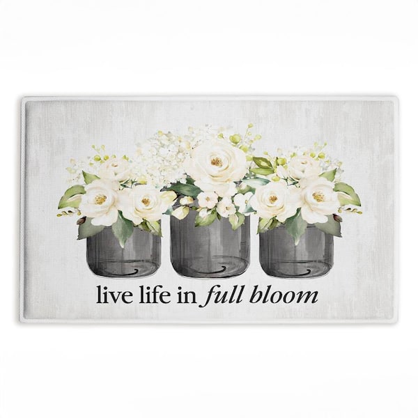 Life In Full Bloom Flowers 18 in. x 30 in. White Graphic Polyester Blend Rectangle Bath Mat