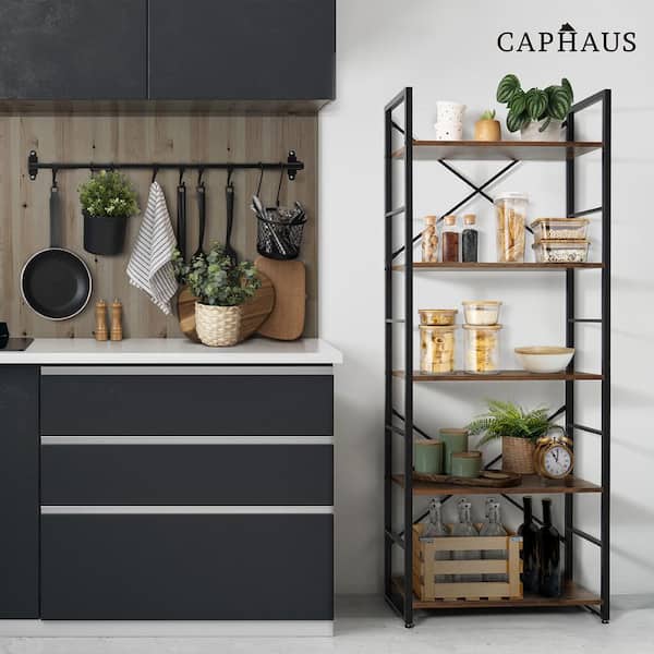 63 in. Rustic Oak 5 Tier Shelves, 24 in. Width Free Standing Shelf, Bookcase Shelf Storage Organizer