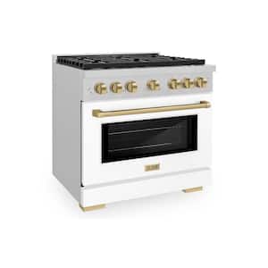 Autograph Edition 36 in. 6 Burner Gas Range with Convection Gas Oven with White Matte Door and Champagne Bronze Accents
