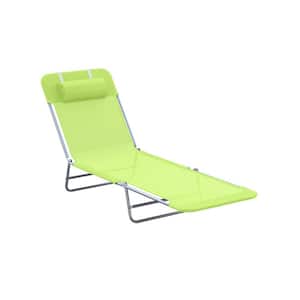 Outdoor Steel Folding Chaise Lounge with Pillow, Breathable Mesh Seat and Adjustable Reclining Back in Green