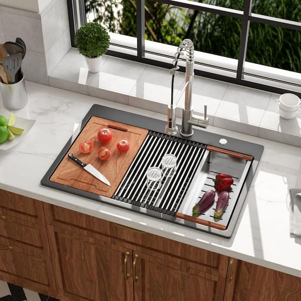 Quartz Composite 33 in. x 22 in. Matte Black Low Divide Double Bowl Drop-In Workstation Kitchen Sink with Accessories