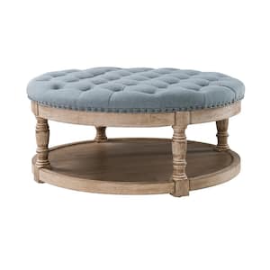 Enipeus Transitional Blue Polyester Storage Button-tufted Round Small Ottoman with Solid Wood Legs and Nailhead Trim