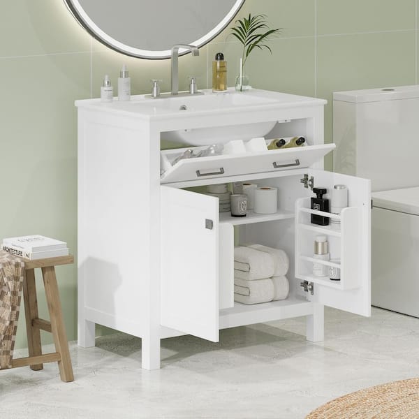 30 in. W x 18.3 in. D x 33.59 in. H Single Sink Freestanding Bath Vanity in White with White Ceramic Top and Storage