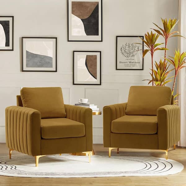 Ennomus Golden Velvet Cushion Back Club Chair Arm Chair Set of 2 with Golden Metal Legs and Track Arms