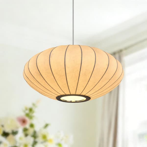60-Watt 1-Light White Modern Natural Silk Lantern-style Pendant Light with Rib Fabric Shade and No Bulbs Included