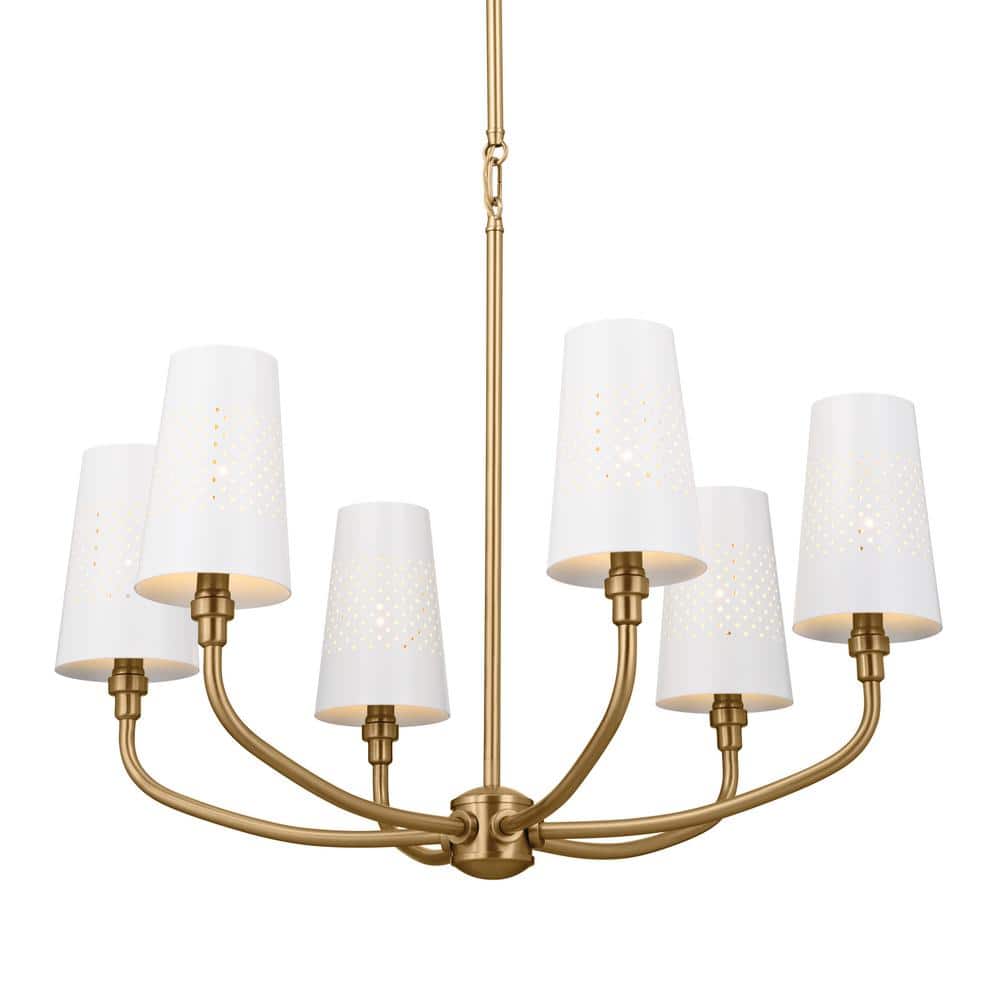 Adeena 26.75" Brushed Brass Traditional 6-Light Chandelier with White Shades