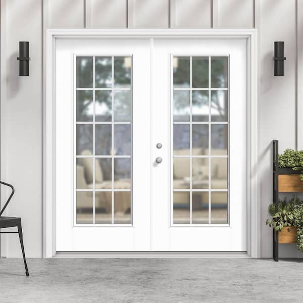 72 in. x 80 in. Ultra White Fiberglass Prehung Right-Hand Inswing GBG 15-Lite Clear Glass Patio Door in Vinyl Frame