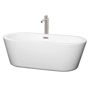 Mermaid 67 in. Acrylic Flatbottom Center Drain Soaking Tub in White with Floor Mounted Faucet in Brushed Nickel