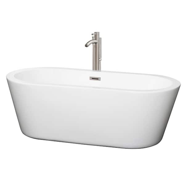 Wyndham Collection Mermaid 67 in. Acrylic Flatbottom Center Drain Soaking Tub in White with Floor Mounted Faucet in Brushed Nickel