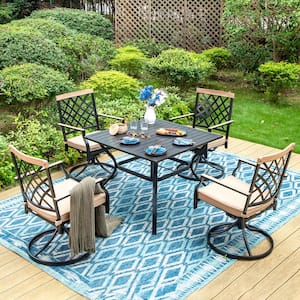 Black 5-Piece Metal Slat Square Table Patio Outdoor Dining Set with Swivel Chairs with Beige Cushions