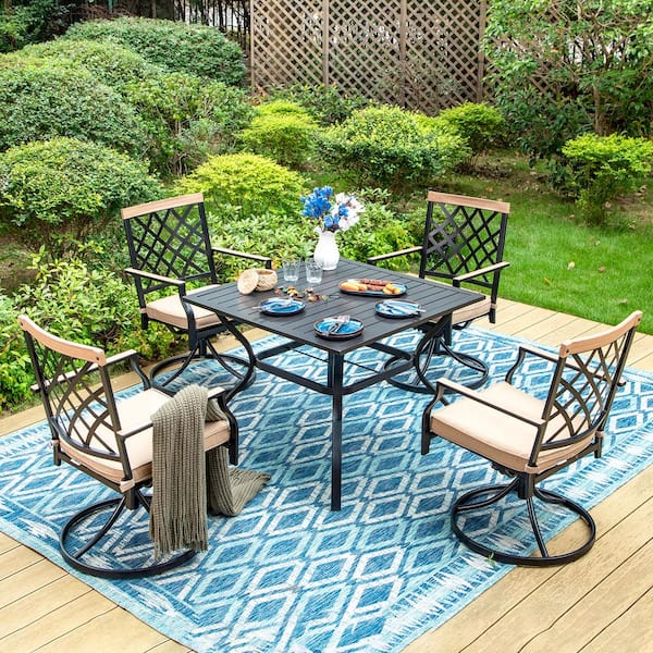 PHI VILLA Black 5-Piece Metal Slat Square Table Patio Outdoor Dining Set with Swivel Chairs with Beige Cushions